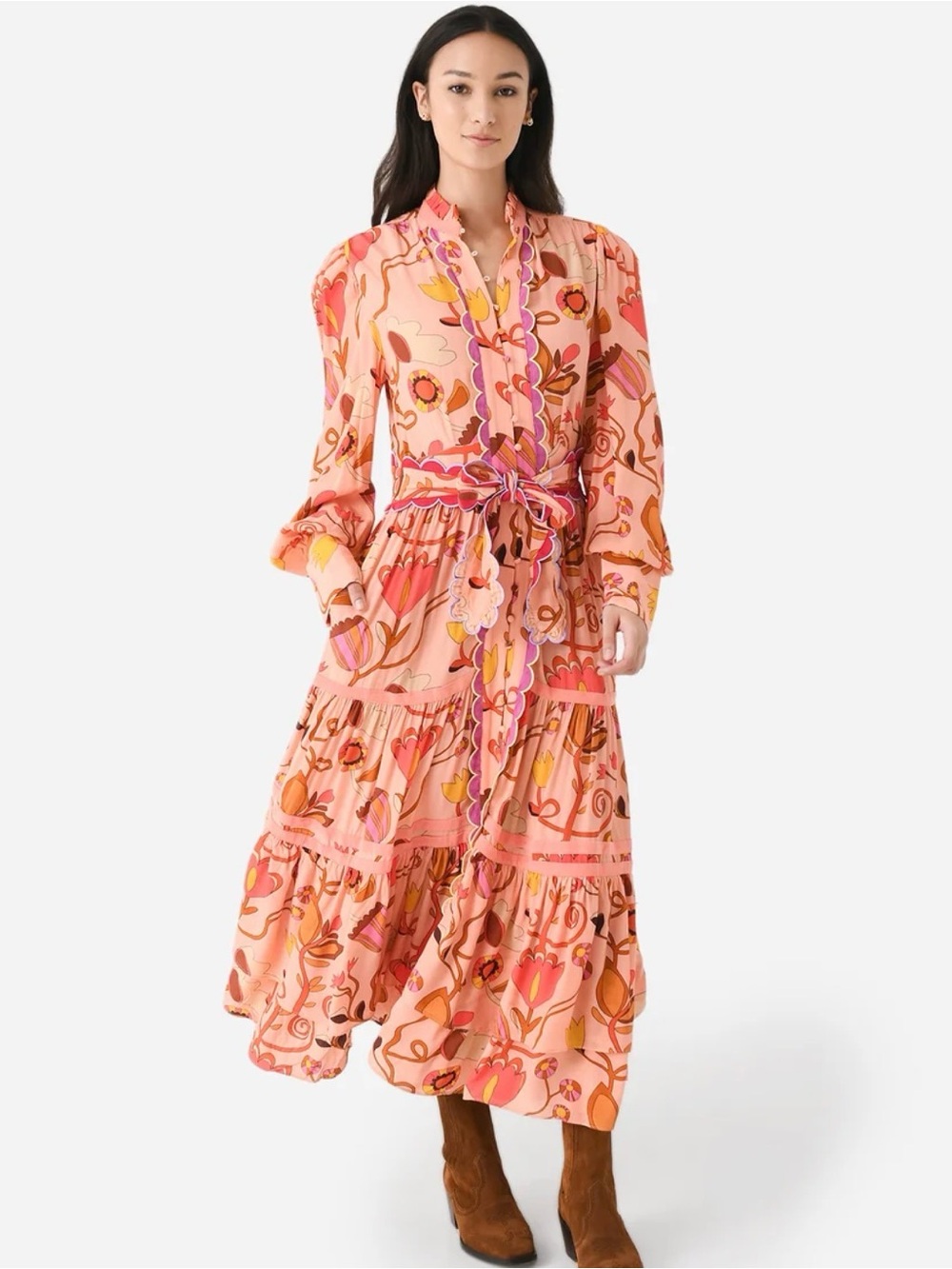 CeliaB Peach-Pink Floral Scallop-Trim Tiered Maxi Dress
